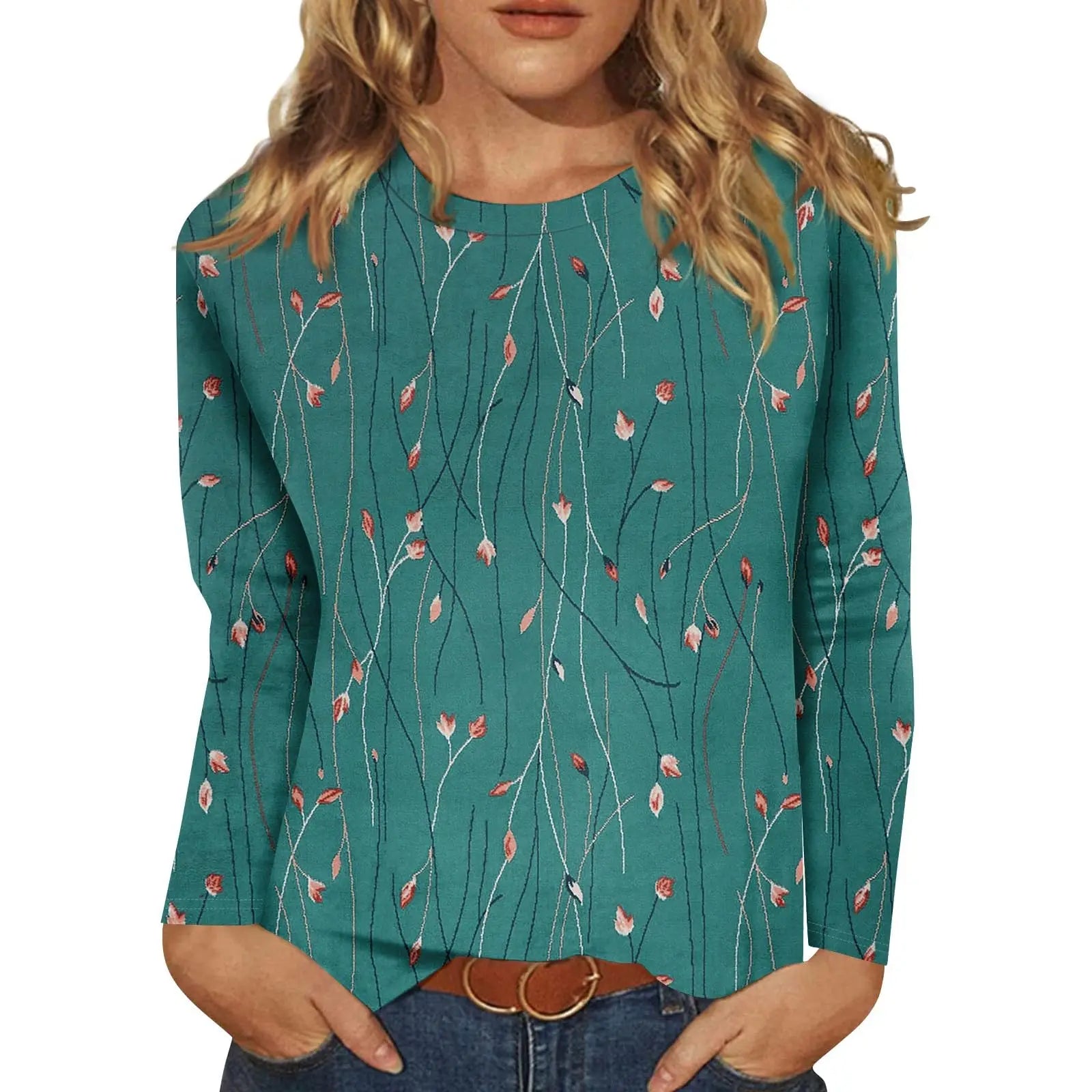 2025 New Women's Flower Fashion Print Long Sleeve T-shirt Sports Leisure Cute Polyester Ultra-thin Round Neck Long Sleeve