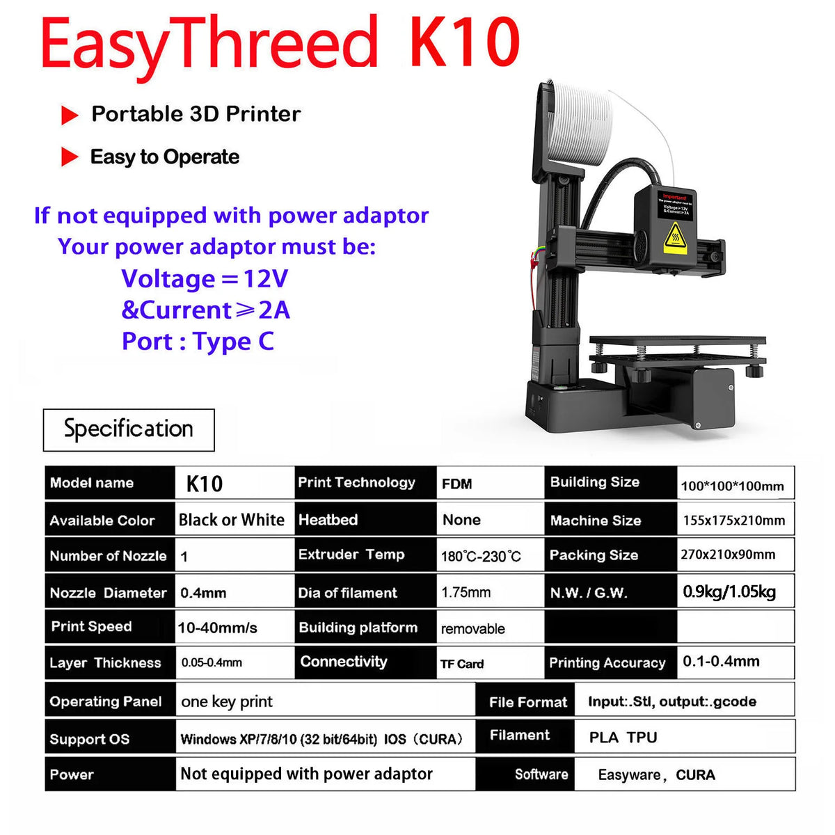 EasyThreed 3D Printer Entry Level Compatible with PLA TPU 1.75mm Filament include Power Adaptor.