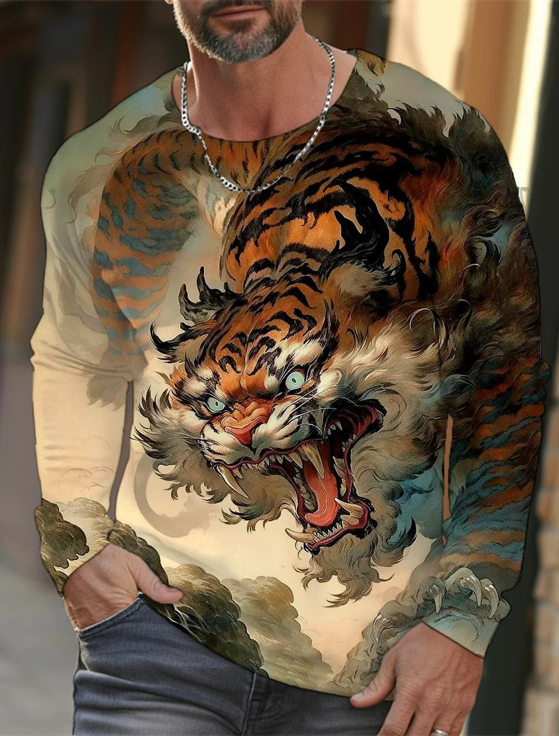 2024 new men's Ukiyoe long-sleeved T-shirt 3D printed high-definition tiger print men's autumn tops casual round neck T-shirt