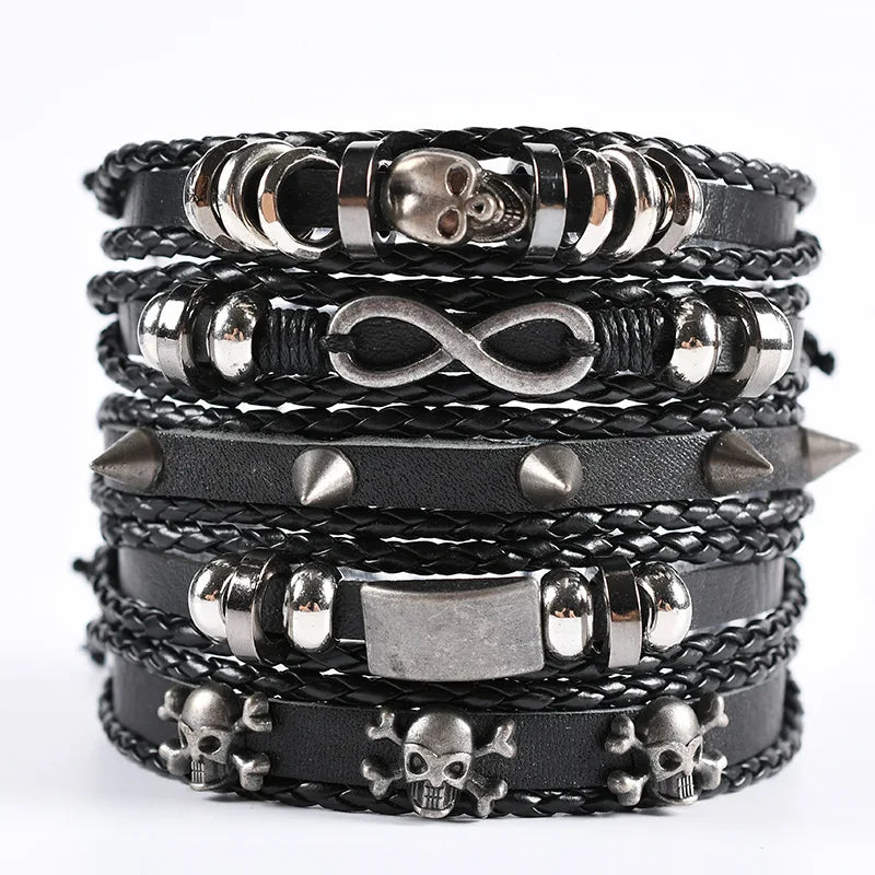 1 Fashion Bracelet Viking Bracelet For Men Hand Bracelets Woven Skull Hand Jewelry Adjustable Leather Set Bracelet For Leather