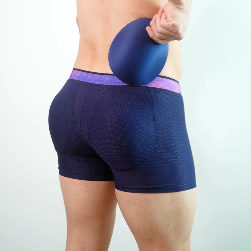 Men's Underwear Padded Buttocks Boxer Trunk with Butt Pads, Breathable Mesh, Long Boxer Shorts, Elastic and Comfortable