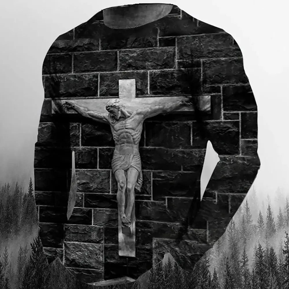 Fashion Casual Men's Long Sleeve T-Shirt 3d Printed Retro Jesus Christ Street Personality Loose O Collar Harajuku Oversized Top