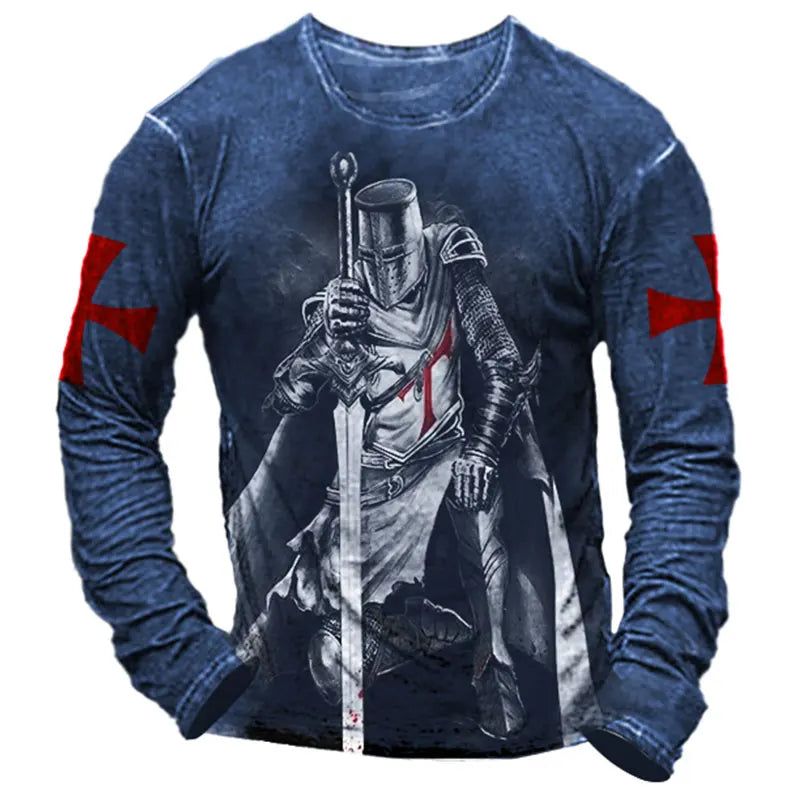 Templar Knight Print Retro Fashion Casual Men's Round Neck Long Sleeve Street Hip Hop Extra Large Speed Drying Wearing T-shirt