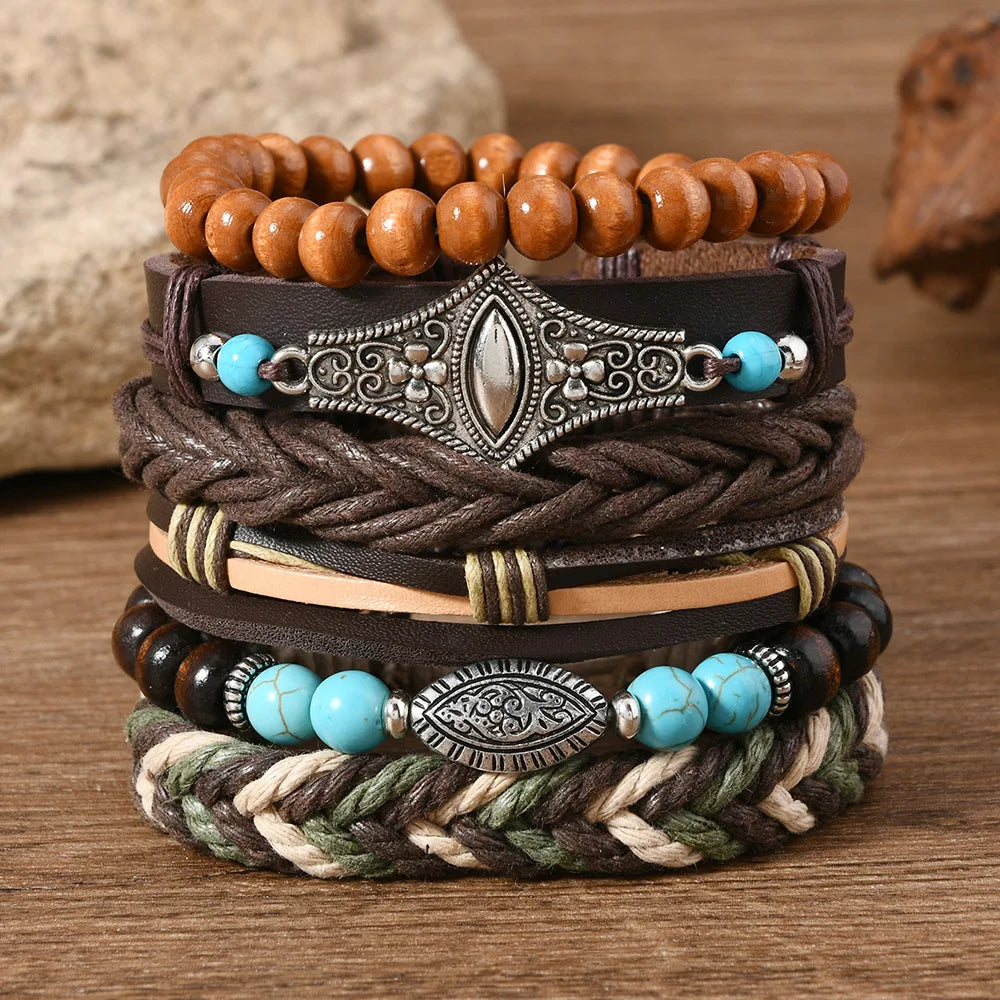 Feather Evil Eye Ethnic 5-6pc/set wood bead tree Charms bracelets Hamsa Hand Butterfly Bohemia Men Bracelets Women Jewelry
