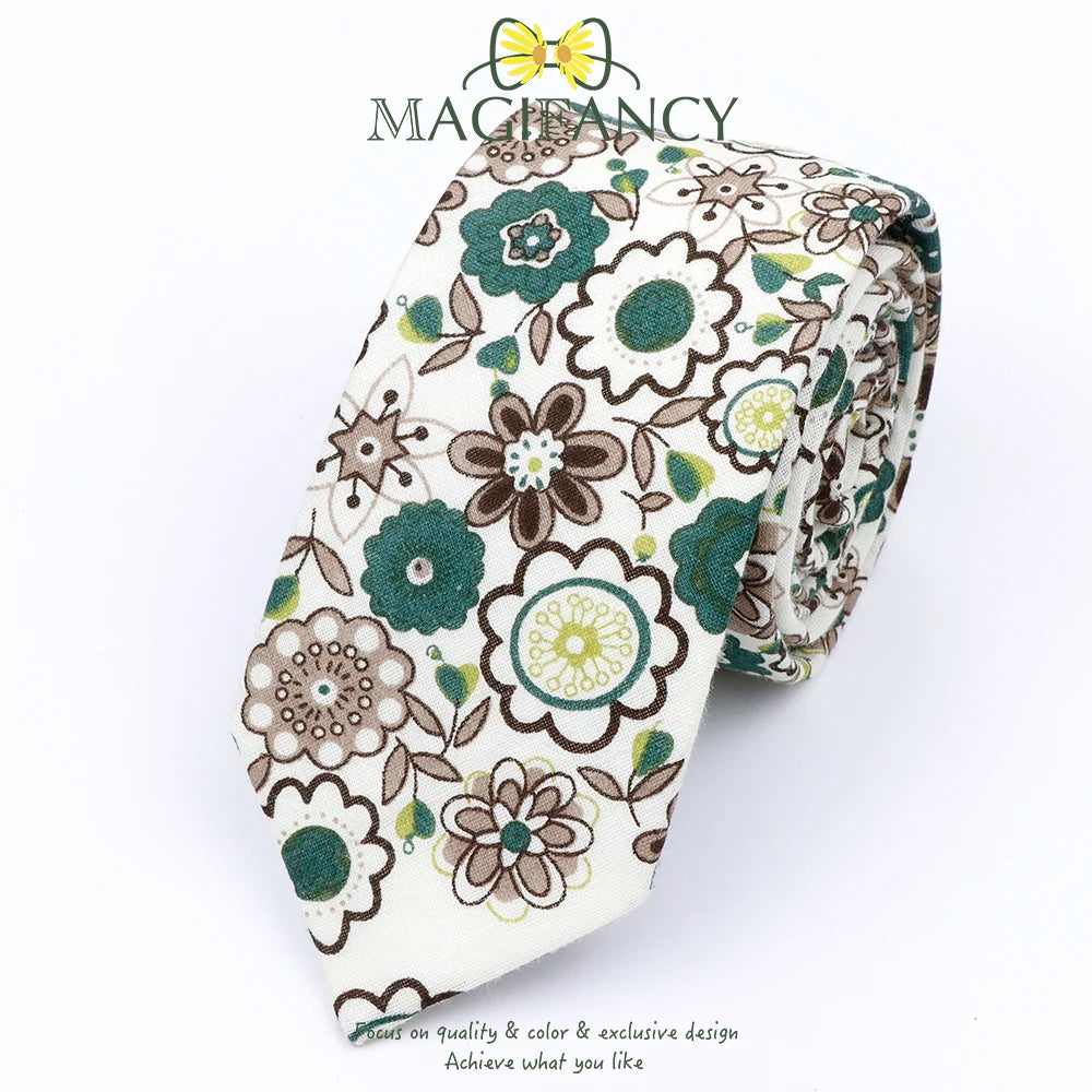 Top Hot Print Floral 6.5cm Necktie 100% Cotton Elegant Beige Sage Pink Men Wedding Party Daily Suit Shirt Cravat Gift Accessory