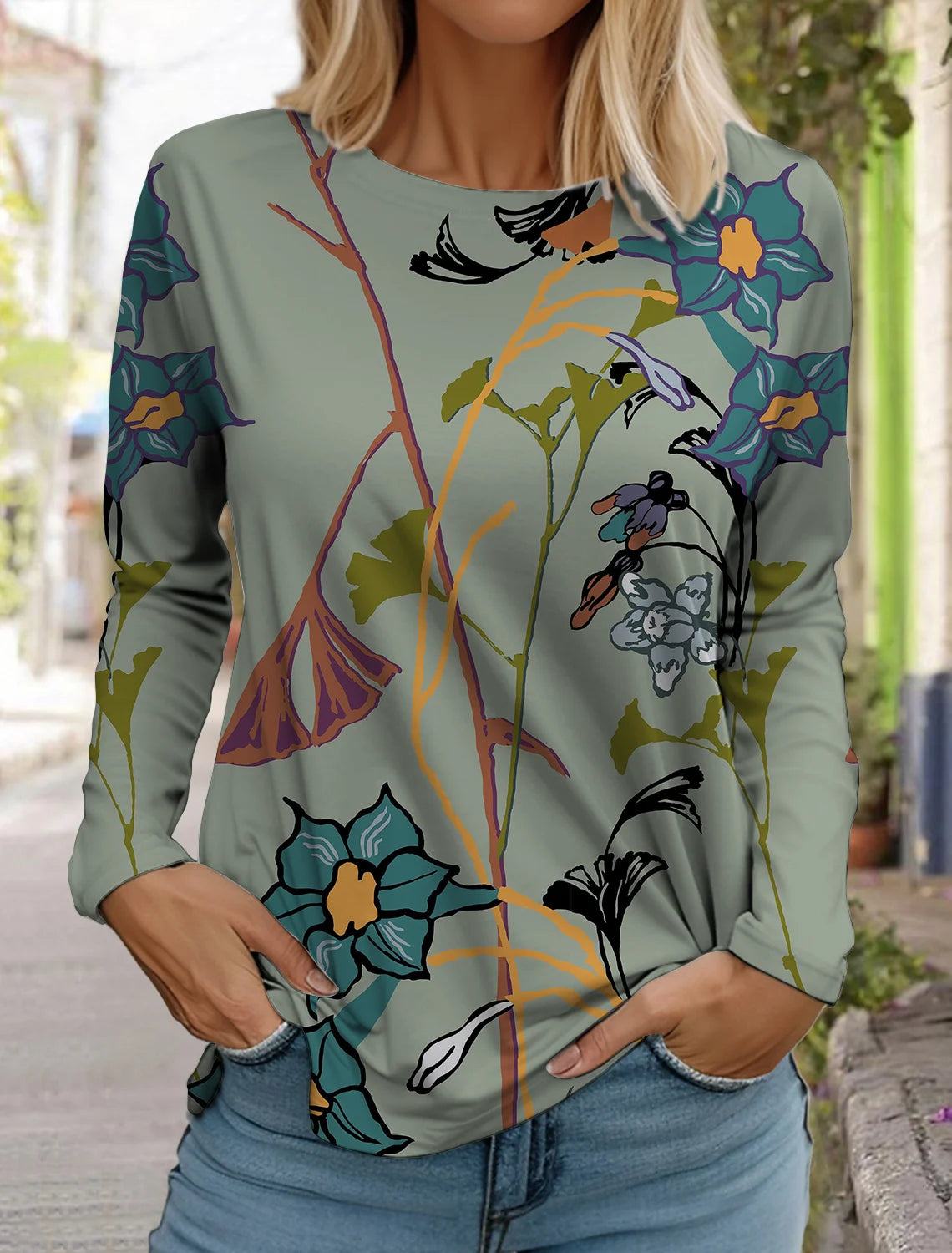 Women's white long-sleeved tops round neck casual tops 3d printed flowers fashion stickers printed women's long-sleeved T-shirt