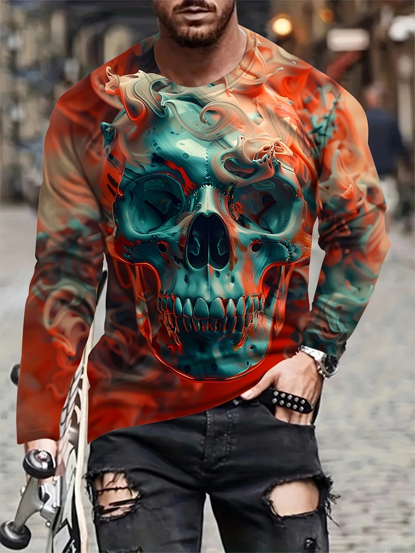 Black and white tiger print men's T-shirt fashion long-sleeved T-shirt casual round neck street top loose pullover autumn