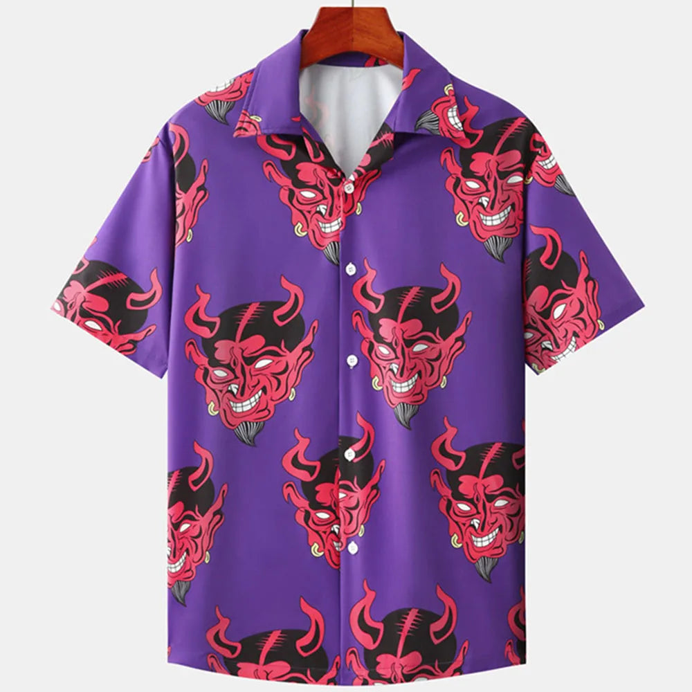 Summer Mens Hawaiian Casual Collar Shirts Short Sleeve Button Skeleton Demon Print Beach Floral Fashion Vintage Clothing XS-5XL