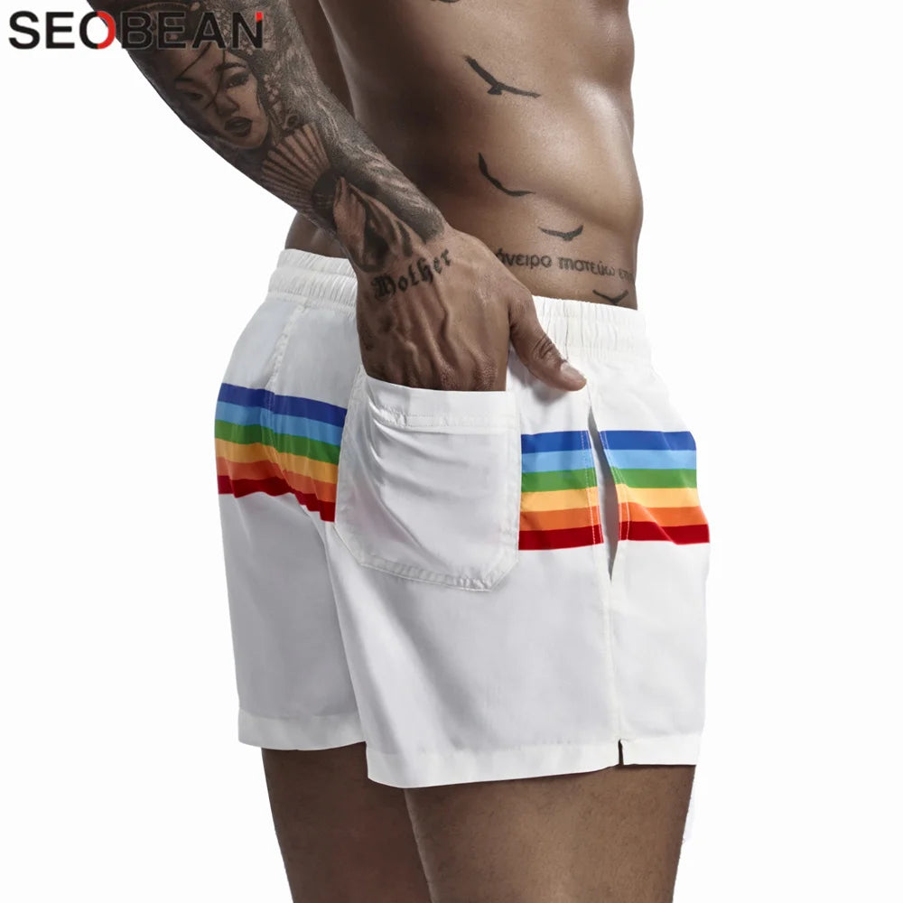 SEOBEAN Summer Men's Shorts 100% Polyester Quick Dry Beach Shorts Fashion Holiday Casual Board Shorts Stripes Shorts For Man