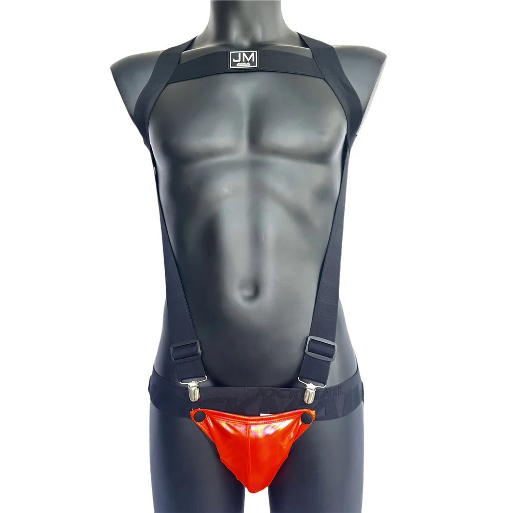 Sets Men Bodysuit Suspender Jumpsuits Nylon Jock Strap Harness Gay Underwear Jockstrap Laser Faux Leather Removable Penis Pouch
