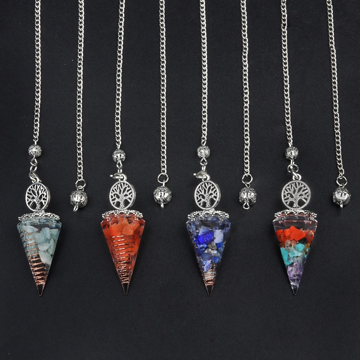 20x52mm Natural Stone Pendulum Tree of Life Hexagonal Cone Crushed Stone Amethysts
