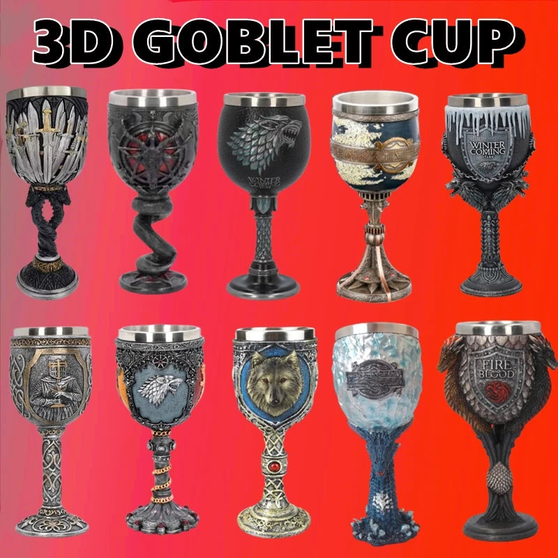 3D Goblet Cup Mini Beer Mug Coffee Mugs Wine Glass Resin Stainless Steel Iron Tankard Sword Dragon Wolf Map Drinkware Viking