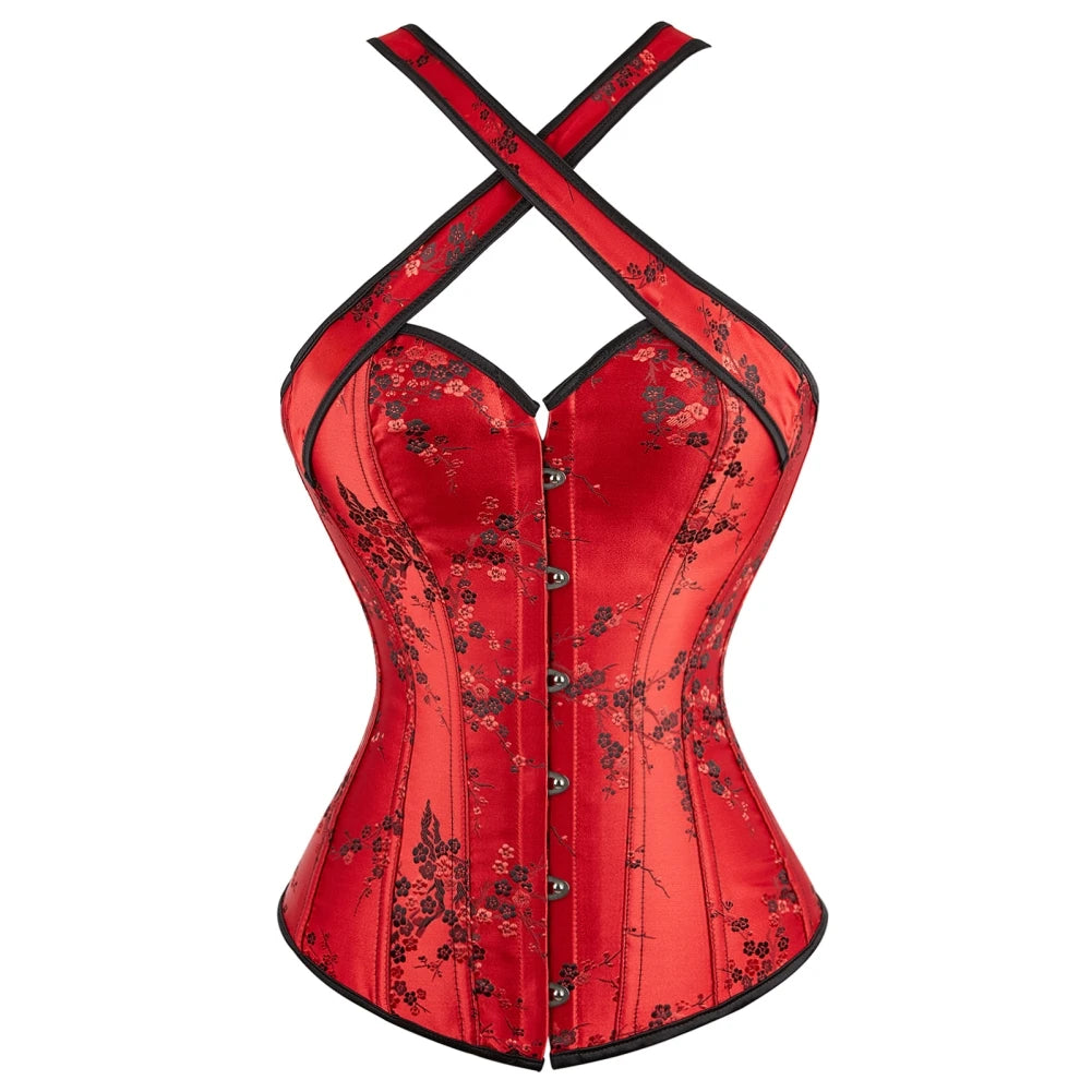 Steampunk Straps Overbust Corset With Cup Zipper Sexy Jacquard Floral Corset Waist Cincher Bustier Lingerie Top Plus Size