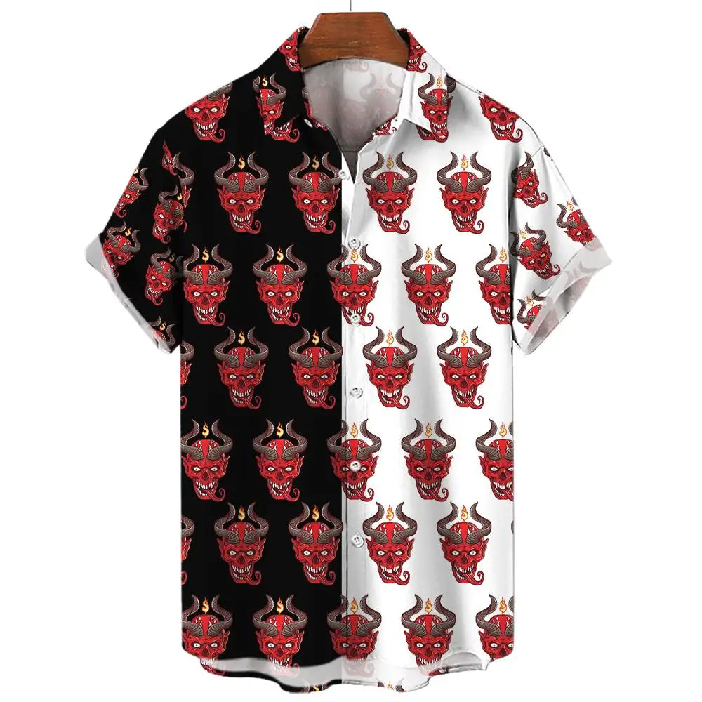 Summer Mens Hawaiian Casual Collar Shirts Short Sleeve Button Skeleton Demon Print Beach Floral Fashion Vintage Clothing XS-5XL