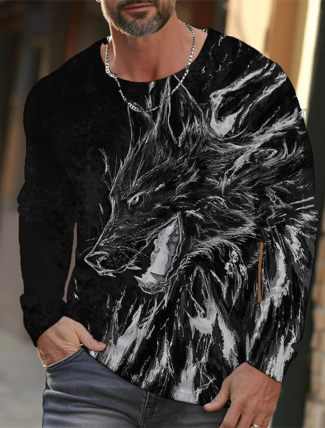 Men's long sleeve t-shirt 3d print high definition wolf animal hand-painted print men's autumn top casual round neck t-shirt