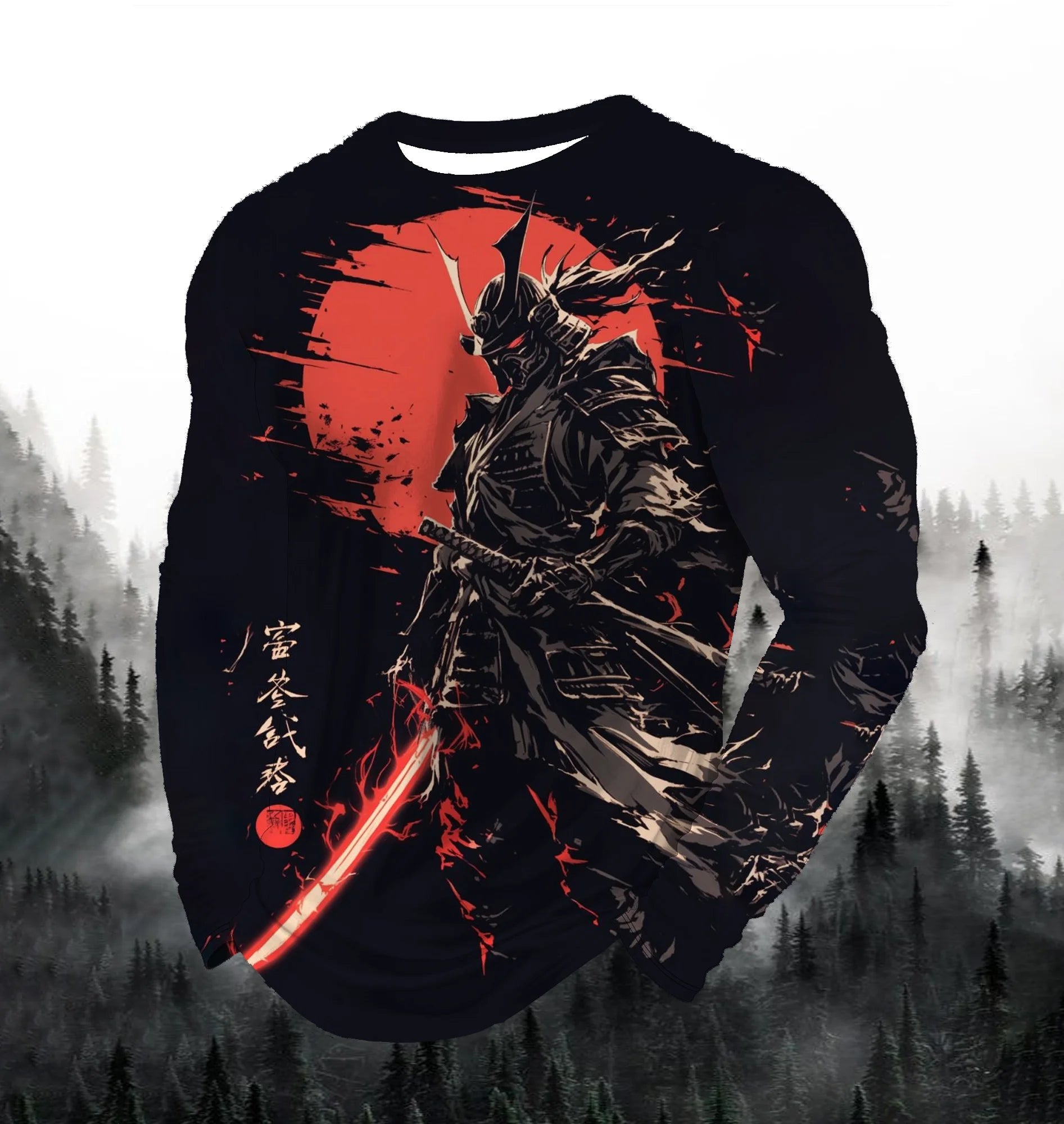 2024 Men's Fashion Printed Round Neck Long Sleeve Autumn Sports Leisure Pullover Men's 3D Japanese Samurai Printed Loose Tops