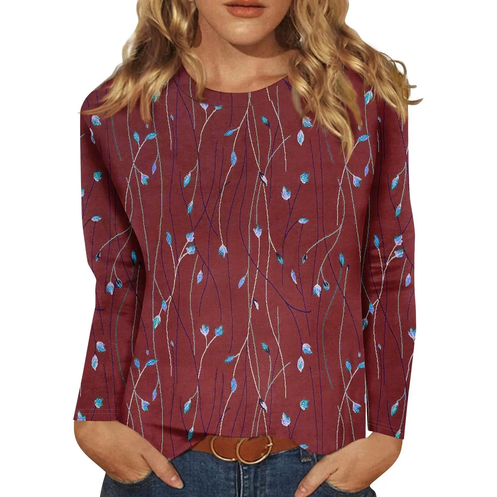 2025 New Women's Flower Fashion Print Long Sleeve T-shirt Sports Leisure Cute Polyester Ultra-thin Round Neck Long Sleeve