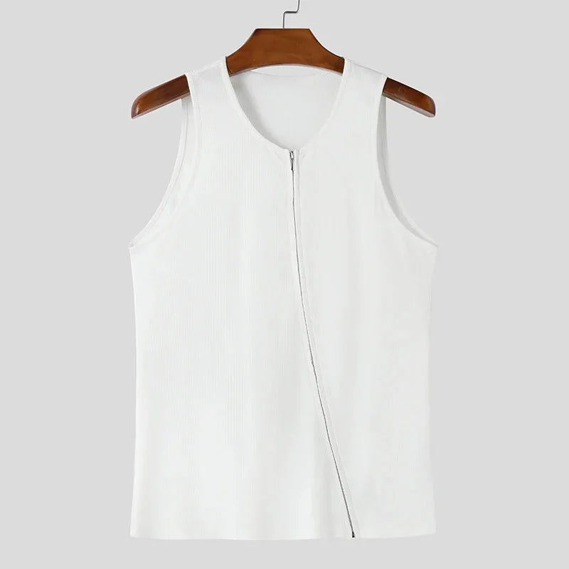 Men's Casual Y2K Ribbed Tank Tops Diagonal Zipper Vest Slim Fit Muscle Gym Sleeveless T-shirts Bodybuilding Workout Tank for Men