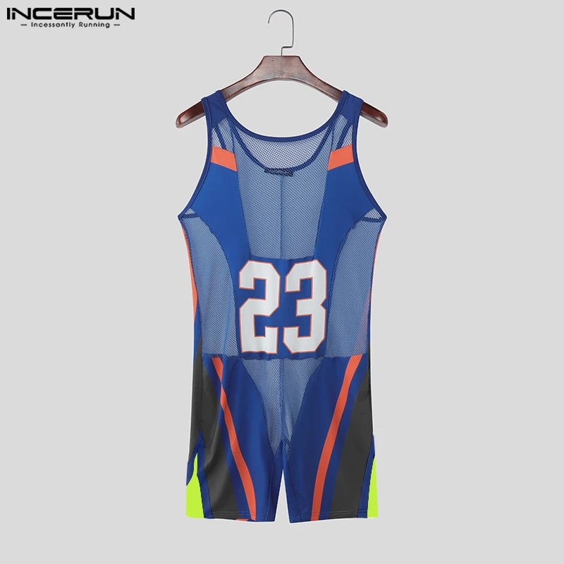 INCERUN Men's Bodysuits Mesh Patchwork Color-block O-neck Sleeveless Male Rompers Playsuits Workout See Through Bodysuit For Man