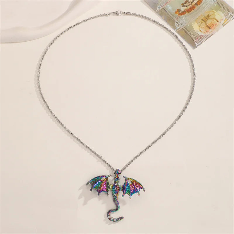 Gothic Colorful Flying Dragon Necklace for Woman Man Punk Jewelry Goth Pendants Necklaces Enamel Fly Dragon Collar collares