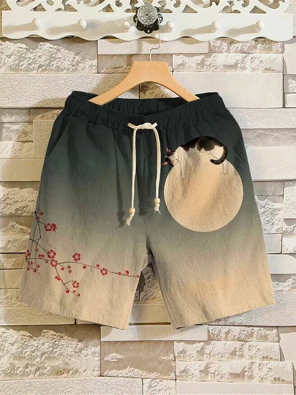 Men's swimming trunks 3D Japanese cat warrior print beach shorts quick-drying outdoor leisure sports shorts casual men's shorts