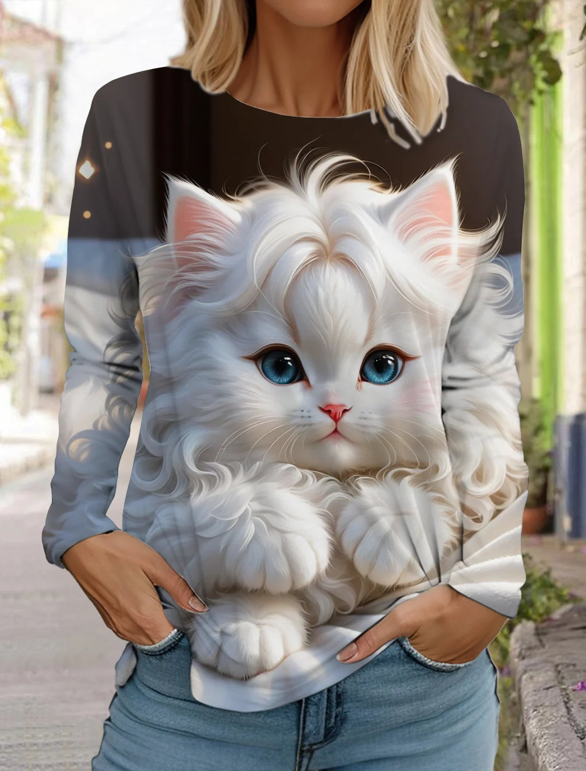 2024 Autumn and Winter Women's Long Sleeve 3D Printed Kitten Cute Print T-Shirt Women's Streetwear Round Neck Long Sleeve