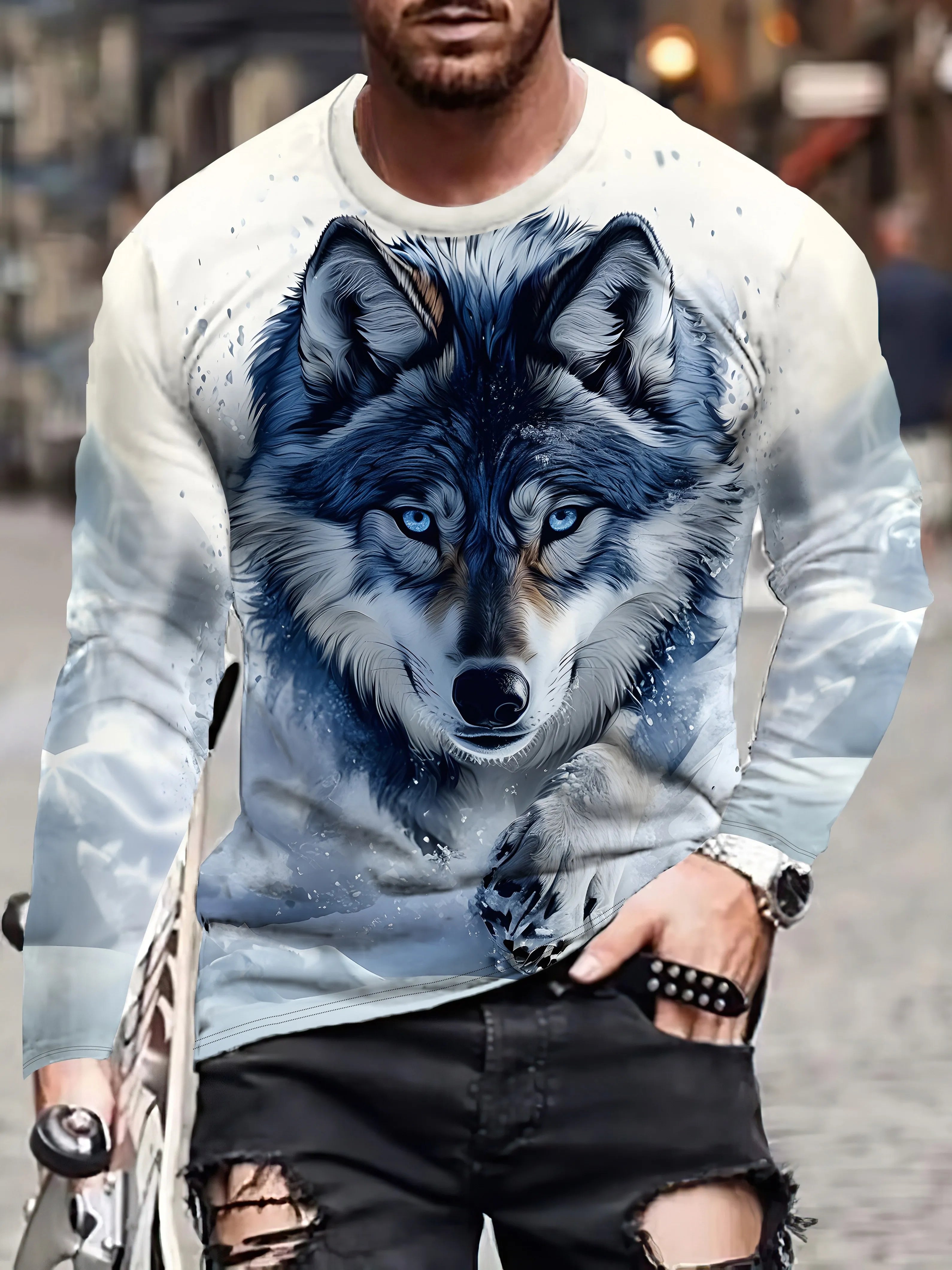 Black and white tiger print men's T-shirt fashion long-sleeved T-shirt casual round neck street top loose pullover autumn