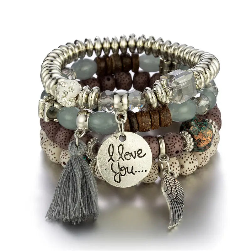 4Pcs Bohemian Women Pink Tassel Bracelet Set For Female I Love You Feather Round Charm Beads Chain Bangle Fashion Party Jewelry