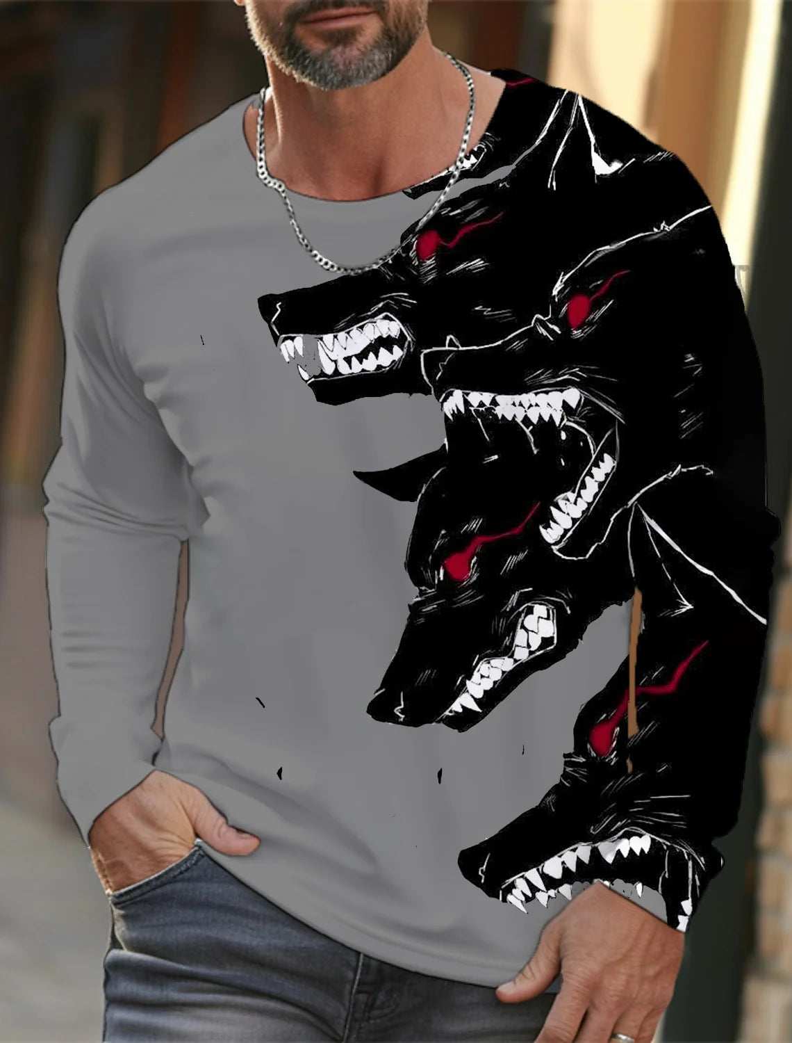 2024 new men's long-sleeved t-shirt 3d printed high-definition wolf animal print men's autumn tops casual round neck t-shirt