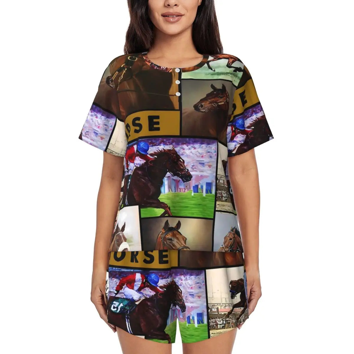 Horse Race Pajamas Summer 2 Pieces 1930s Classic Art Cute Pajama Sets Womens Short-Sleeve O Neck Night Pattern Sleepwear