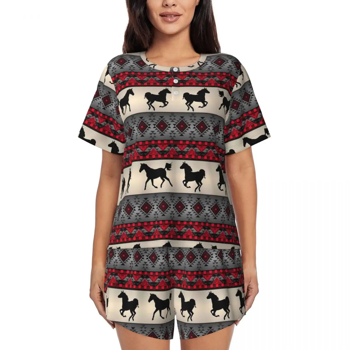 Horse Race Pajamas Summer 2 Pieces 1930s Classic Art Cute Pajama Sets Womens Short-Sleeve O Neck Night Pattern Sleepwear