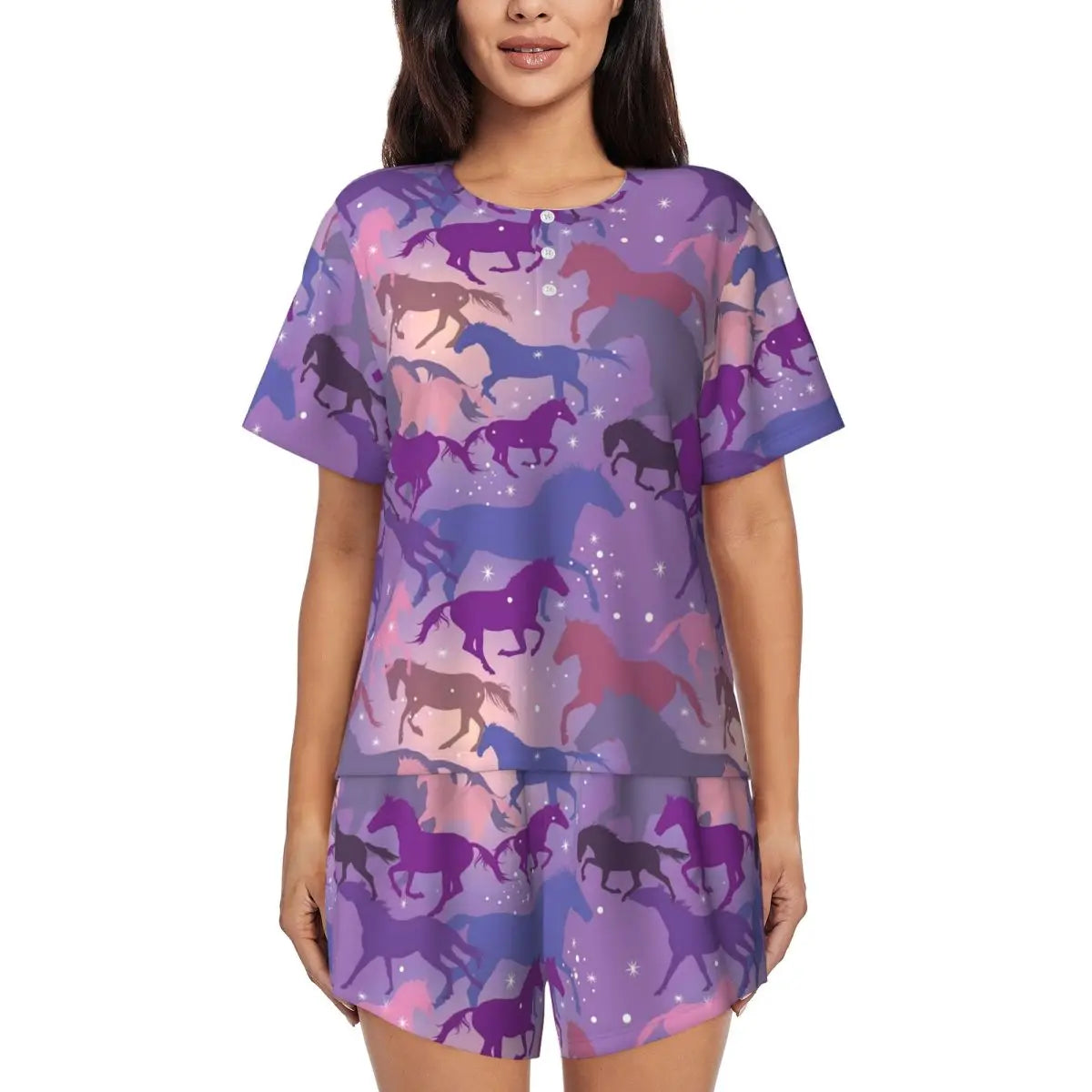 Horse Race Pajamas Summer 2 Pieces 1930s Classic Art Cute Pajama Sets Womens Short-Sleeve O Neck Night Pattern Sleepwear