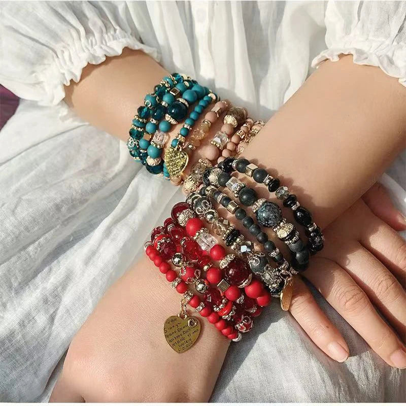 4Pcs/Set Bohemian Style Crystal Glass Love Heart Multi-Layer Stacking Elastic Bracelet For Women Daily Wear Jewelry Gift