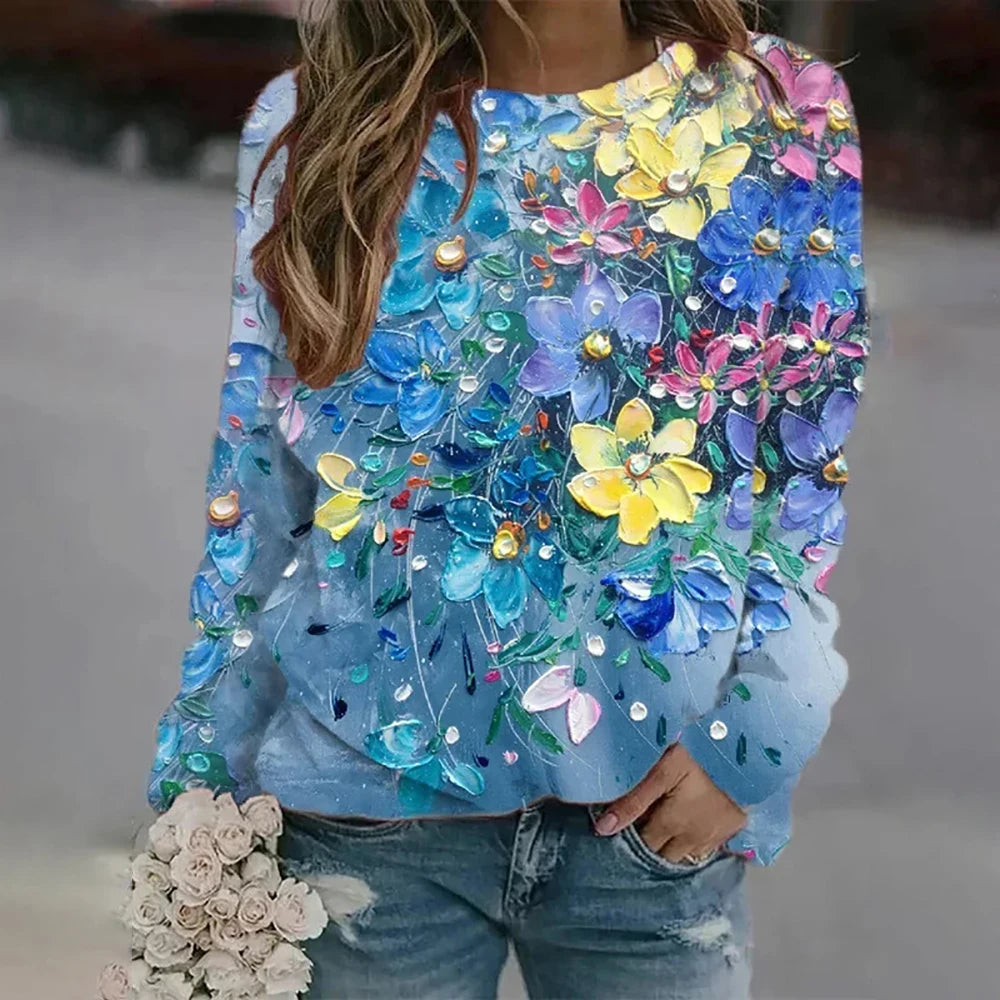 Women's Oil Painting Floral Print Long Sleeve T-Shirt Casual Crewneck Streetwear Tops Pullover Homewear