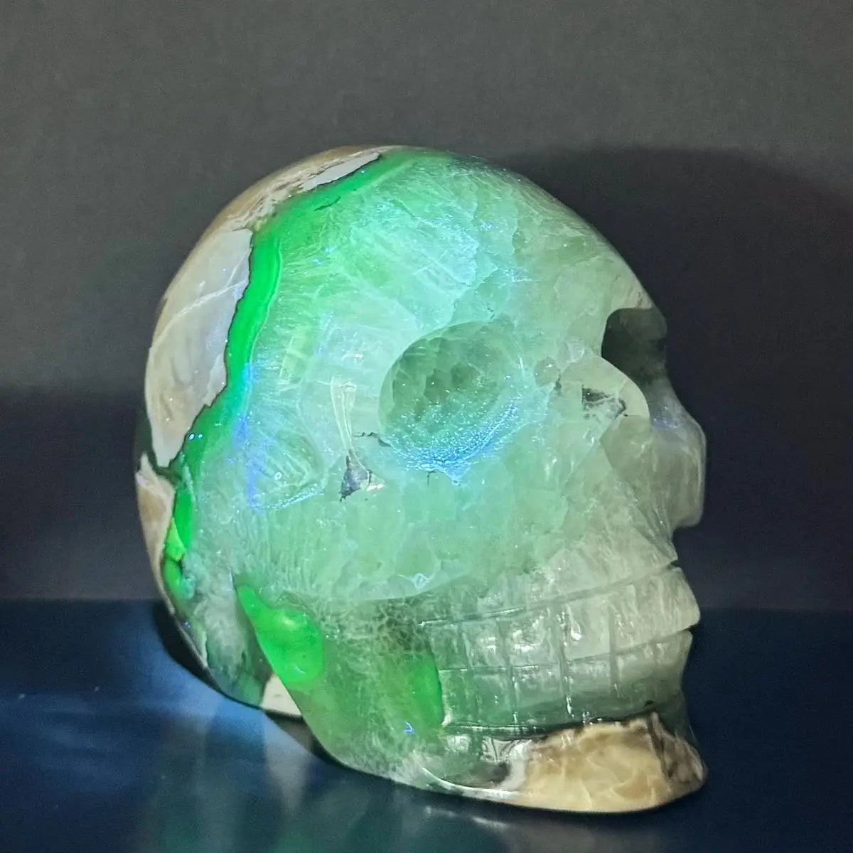 1pc Handmade Brown Color Agate Crystal Skull | Green UV Reactive, Polished & Smooth | Perfect Home Decoration Art Ornament