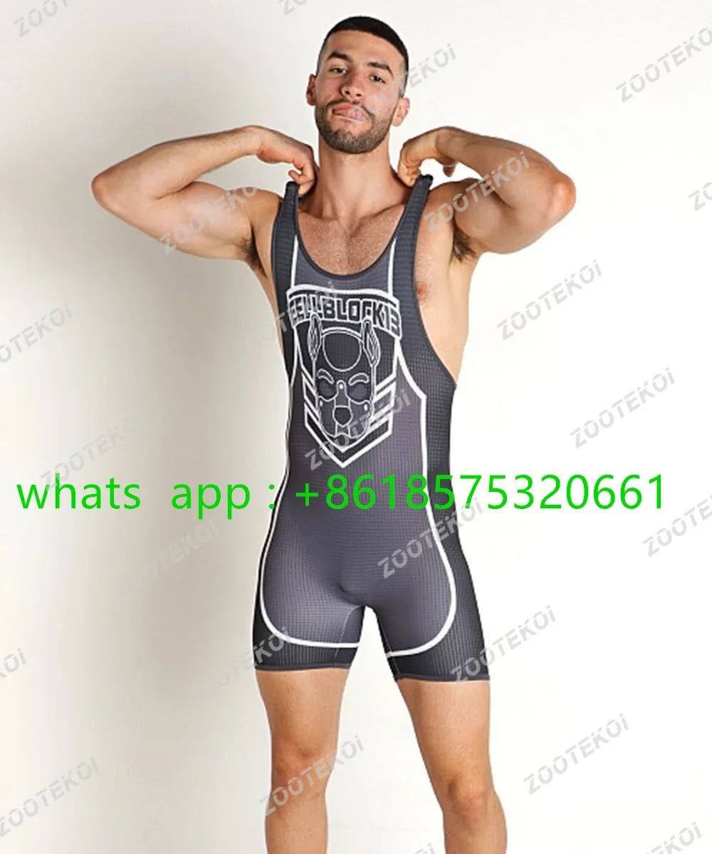 Men One-piece Jumpsuit Athletic Speedsuit Elasticity Sleeveless Wrestling Vest Tights Strength Weightlifting Competition Clothes