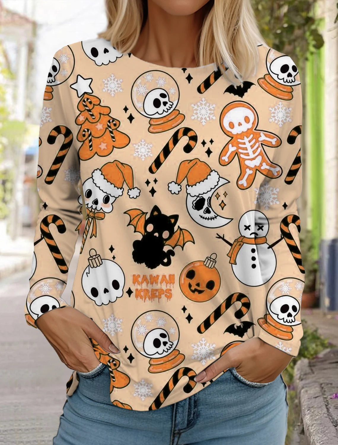 Halloween skull pumpkin print pullover autumn and winter women's casual long sleeve round neck sweatshirt men's clothing