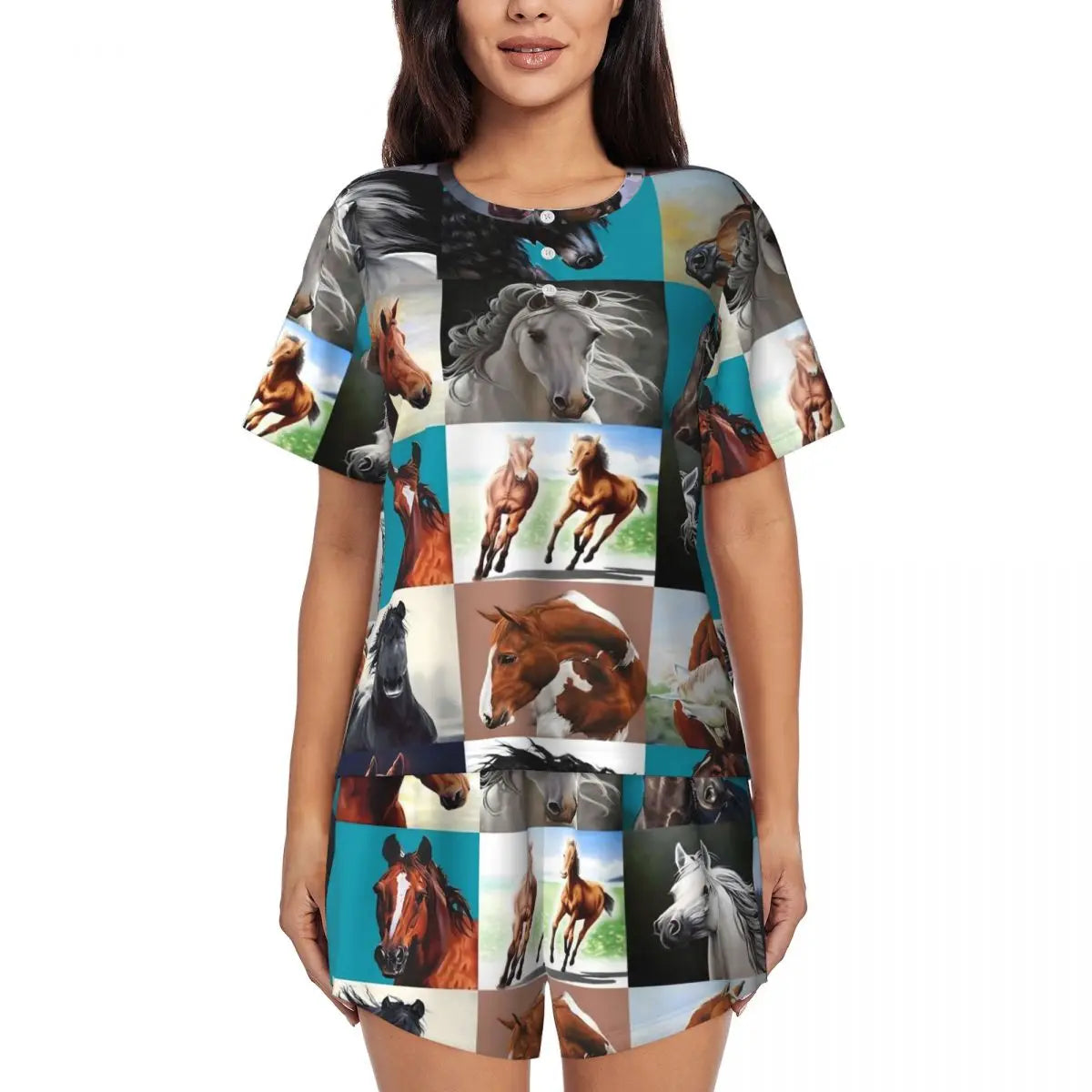 Horse Race Pajamas Summer 2 Pieces 1930s Classic Art Cute Pajama Sets Womens Short-Sleeve O Neck Night Pattern Sleepwear