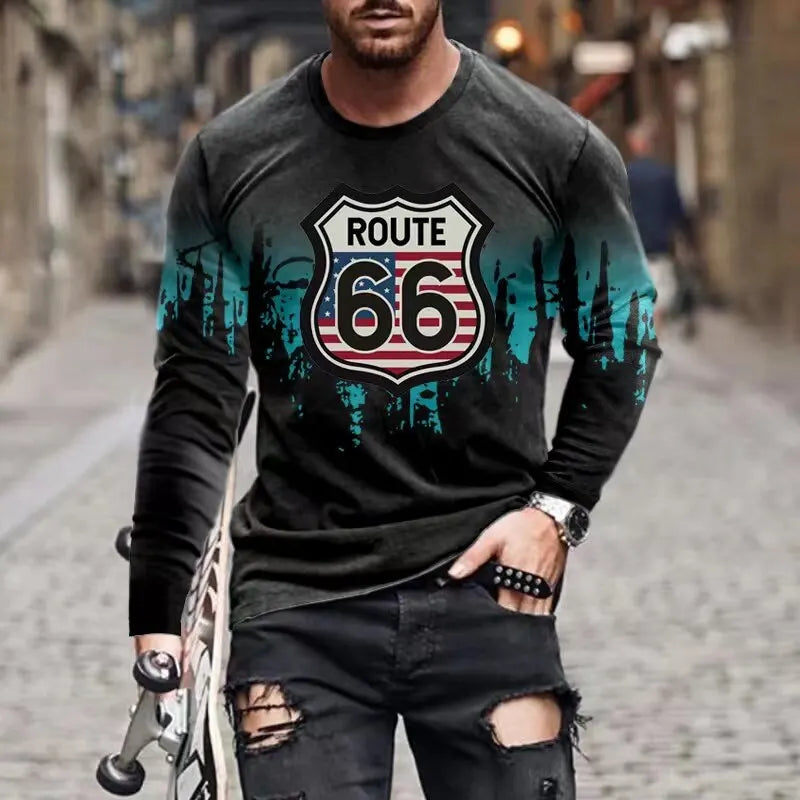 2024 Men's T-shirts Long Sleeve 3d Print Top Casual Cotton Vintage T Shirt Vintage Route 66 Tee Loose Sports O-neck Clothing 5xl