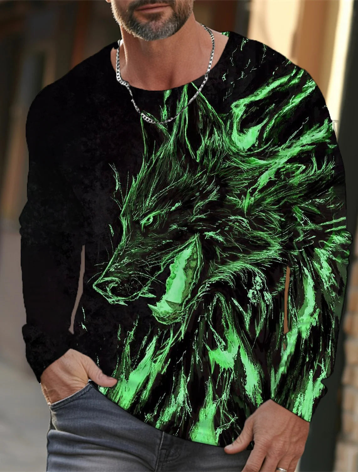 Men's long sleeve t-shirt 3d print high definition wolf animal hand-painted print men's autumn top casual round neck t-shirt