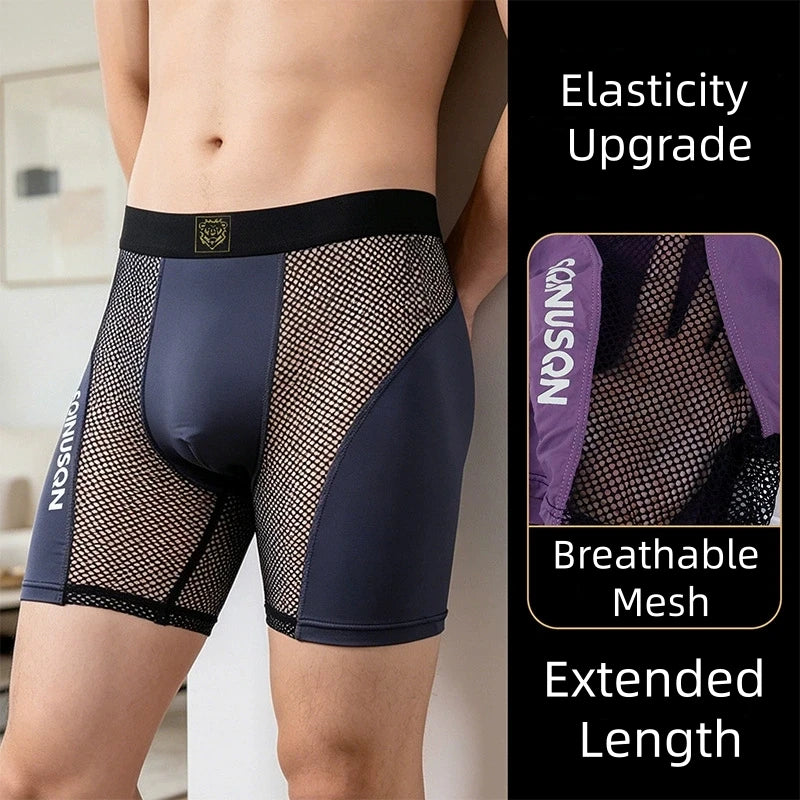 L-3XL Men's Mesh Ice Silk Boxer Shorts Summer Breathable Sports Underwear with Glow-in-the-Dark Letters – Quick Dry & Anti-Chafe