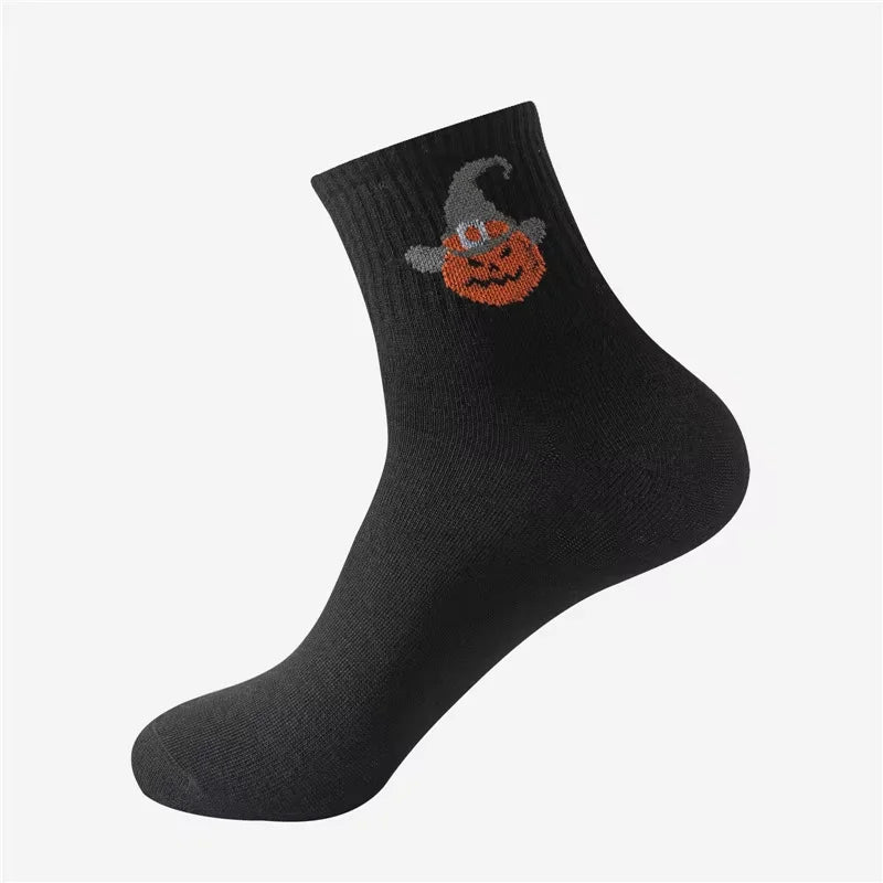 5-Pair Halloween Novelty Socks for Men: Spooky Designs, Breathable Cotton, Mid-Calf, Party Favors