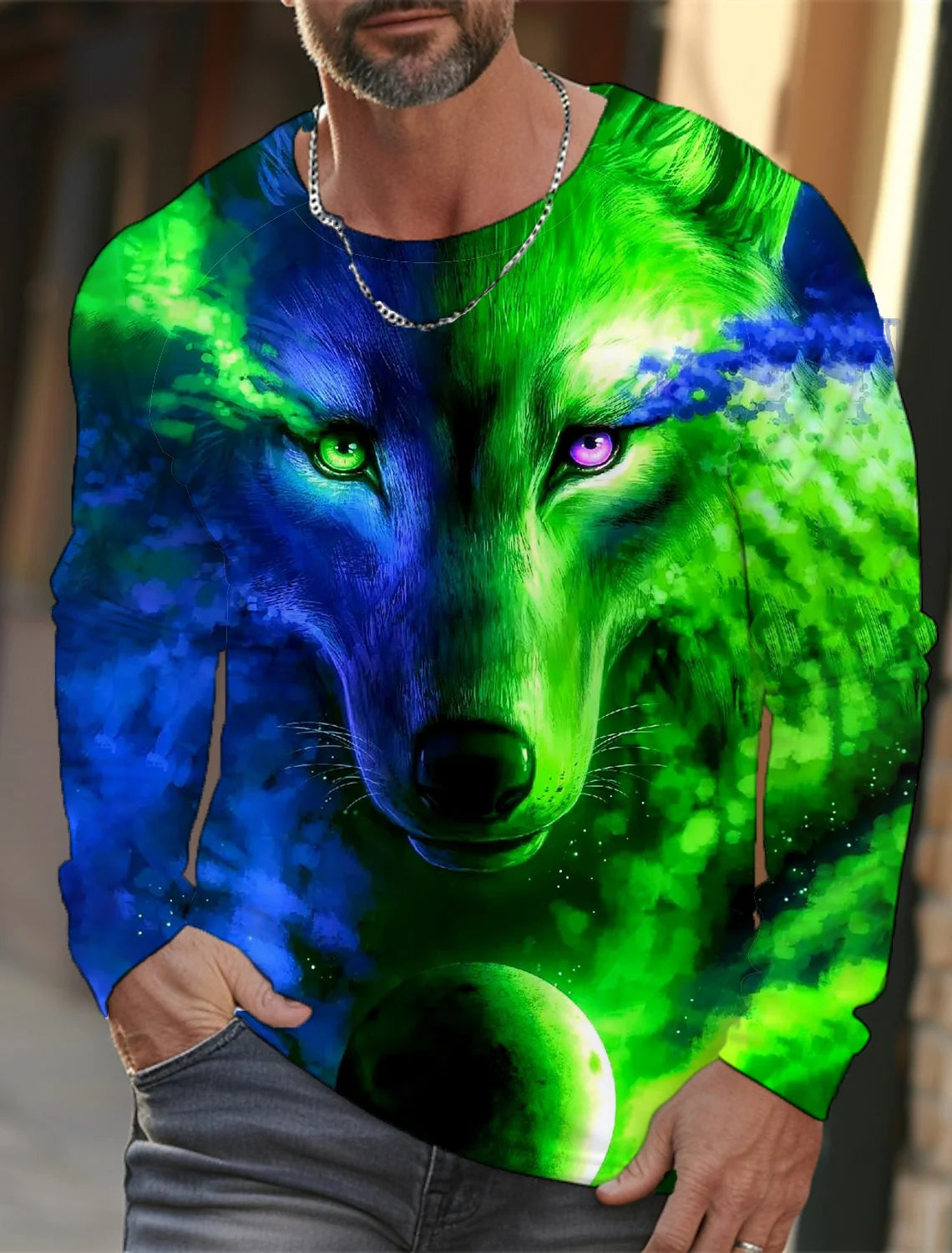 2024 Men's Summer Long Sleeve 3d Printed Wolf Print T-Shirt Tops Men Streetwear Clothing Round Neck Graphic Long Sleeve T-Shirt