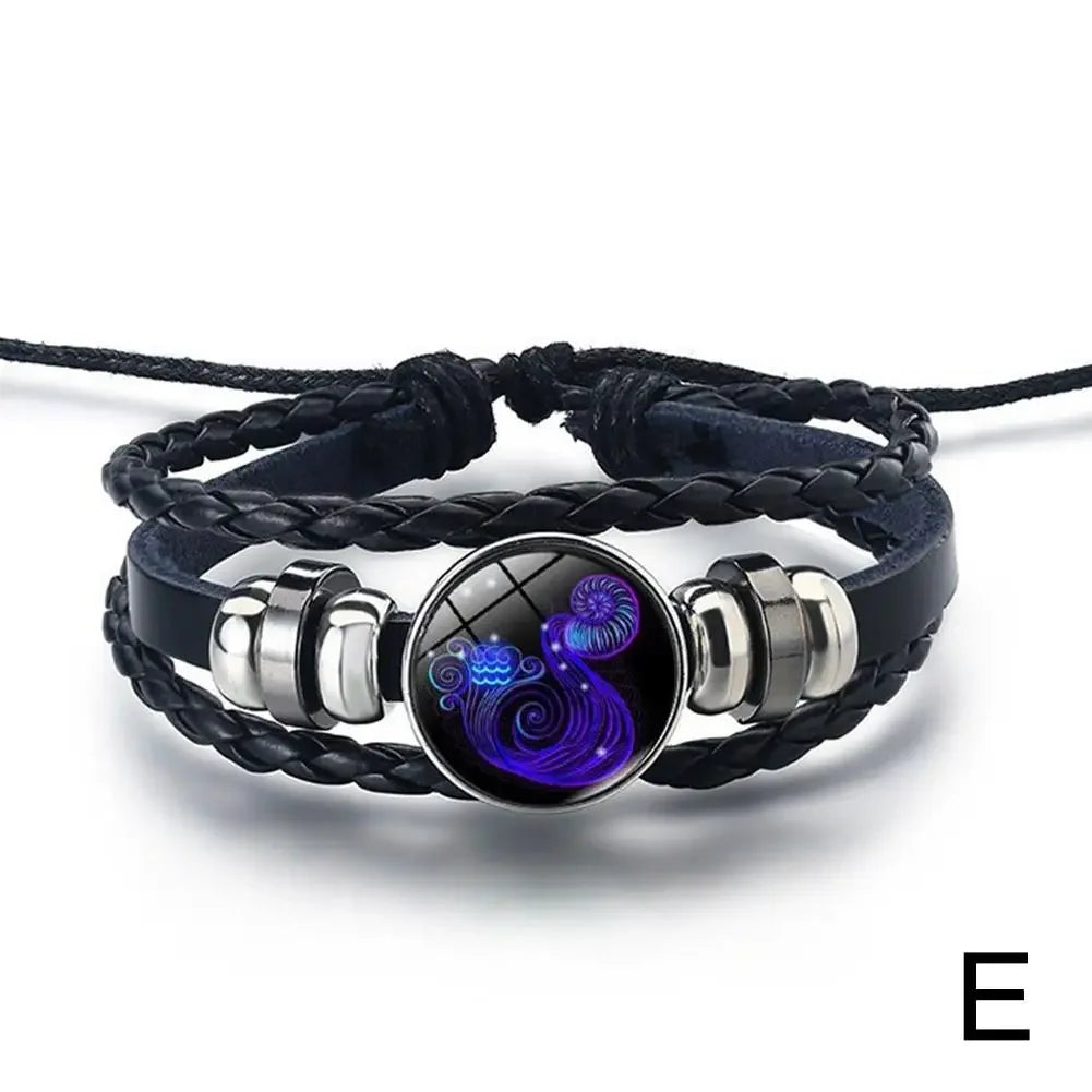 12 Constellation Gem Leather Bracelet Men Women Glass Bracele Couple Leather Multilayer Weave Birthday Gift Bangle Gem