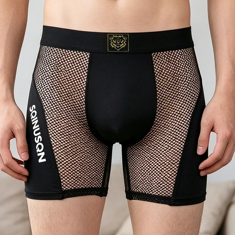 L-3XL Men's Mesh Ice Silk Boxer Shorts Summer Breathable Sports Underwear with Glow-in-the-Dark Letters – Quick Dry & Anti-Chafe