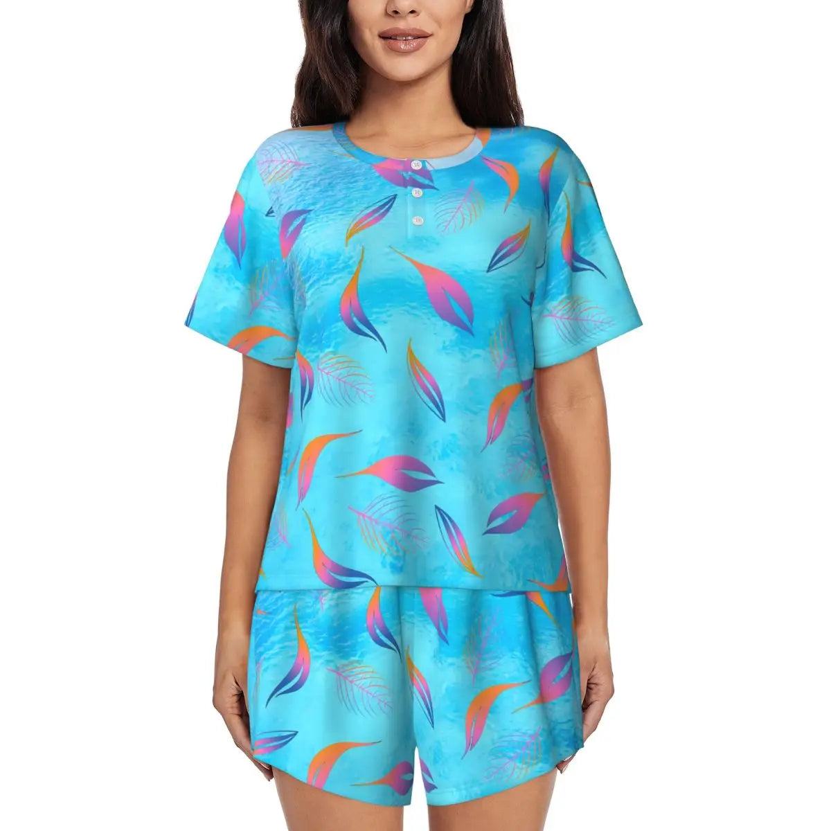 Green Leaf Print Pajamas Short Sleeve Lush Foliage 2 Pieces Leisure Pajama Sets Daily Woman O Neck Vintage Nightwear