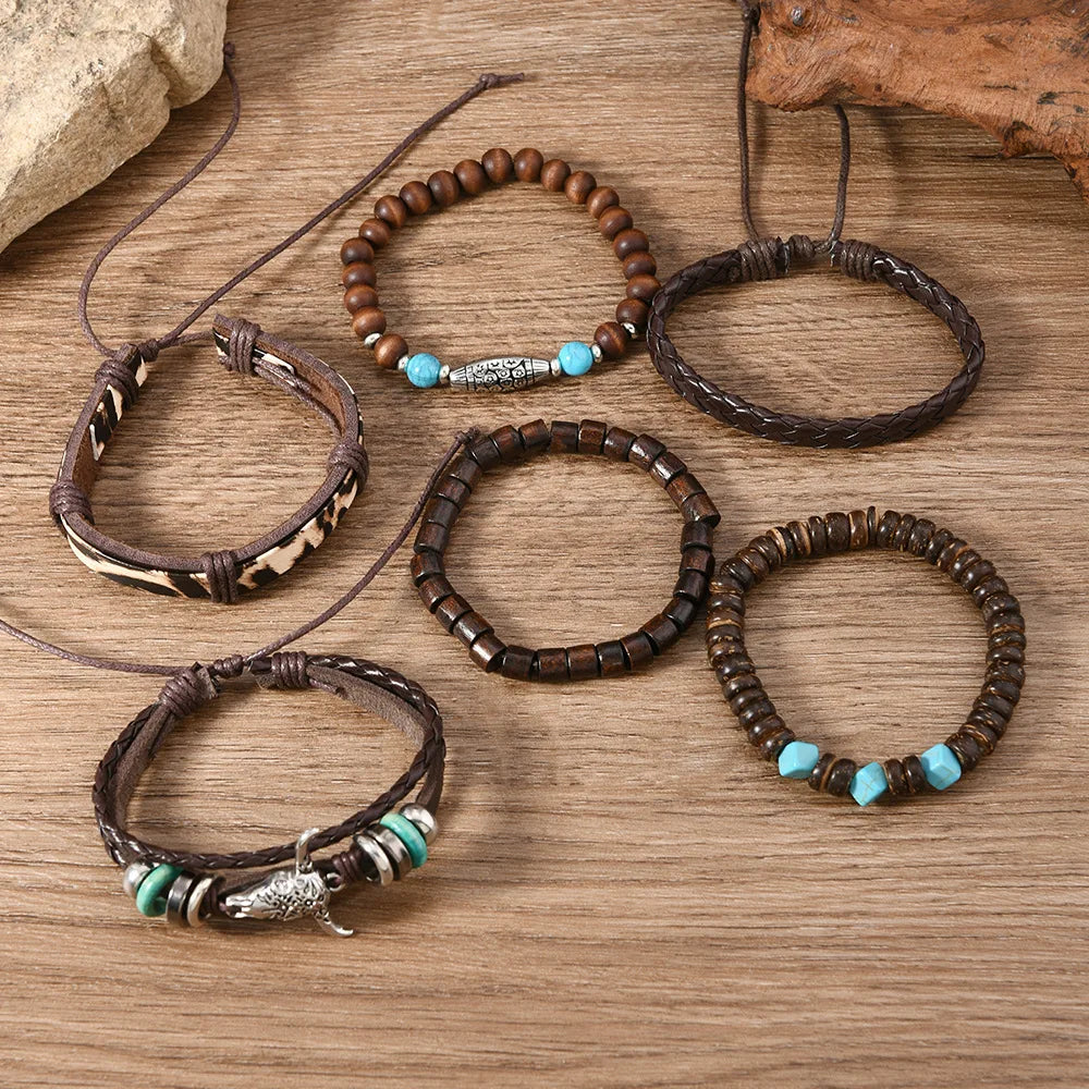 Bohemia Ethnic Leather Men’s Bracelets Vintage Bull Head Multi Layer Cowhide Wooden Beaded Leather Bracelets Gifts