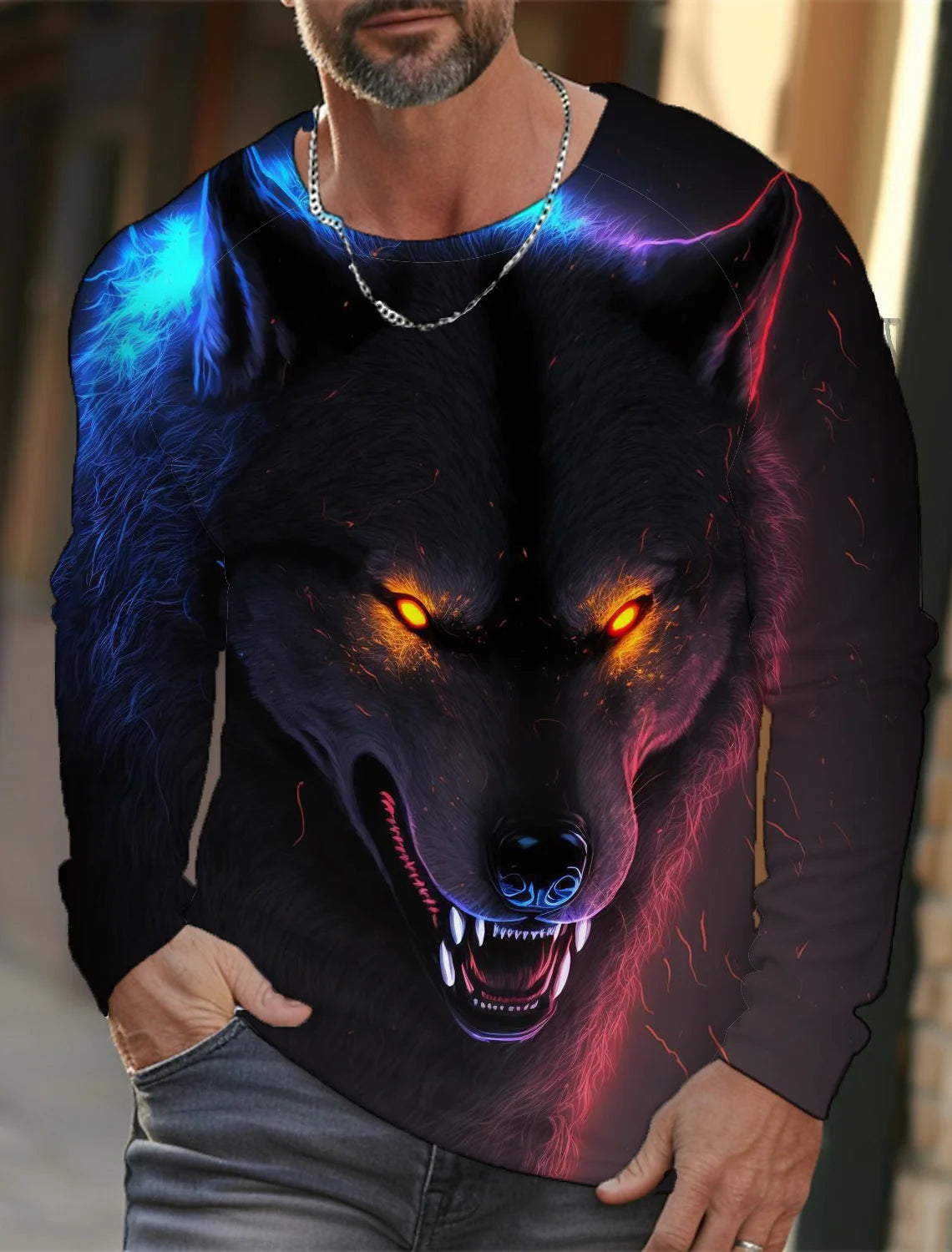2024 Men's Summer Long Sleeve 3d Printed Wolf Print T-Shirt Tops Men Streetwear Clothing Round Neck Graphic Long Sleeve T-Shirt