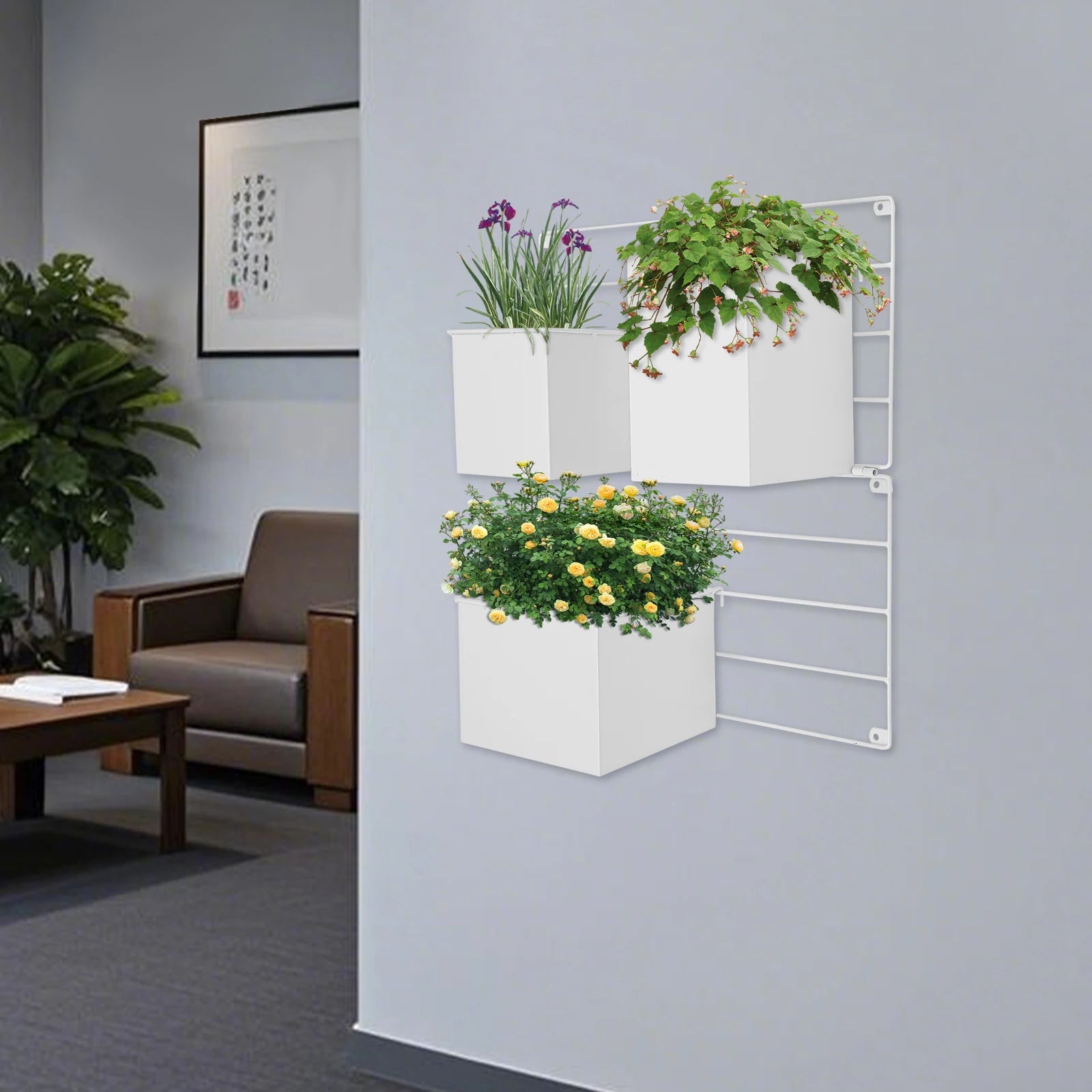 White, Wall-Mounted Plant Holder, Wall Planters with 3 Flower Pots, Wall-Mounted Grid with Flowerpots, Indoor Plant Pot Growing