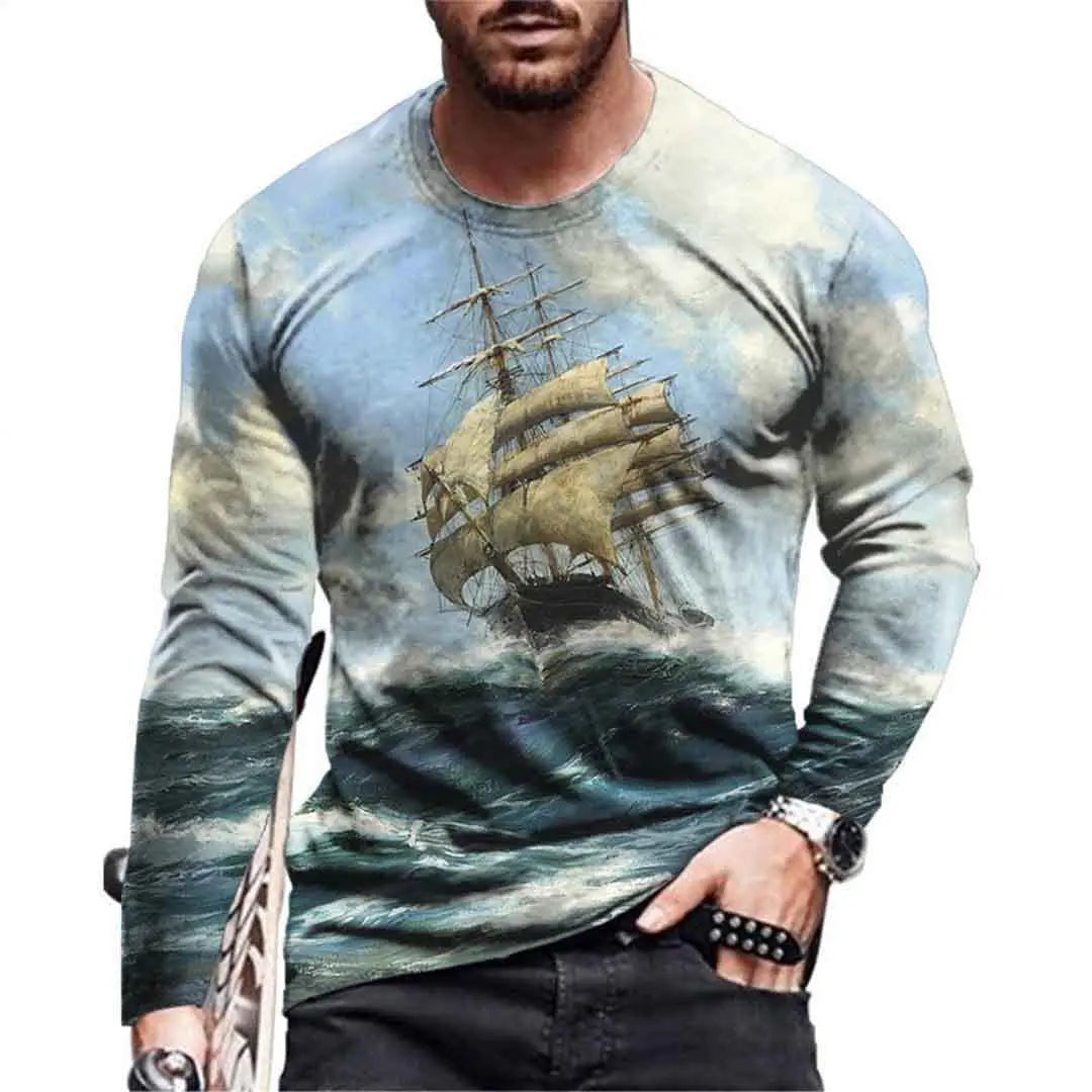 Vintage Men's Long Sleeve T Shirt 3D Navigation Sailing Ship Print Shirt Graphic T Shirt Clothing Sleeve Tops Men Streetwear